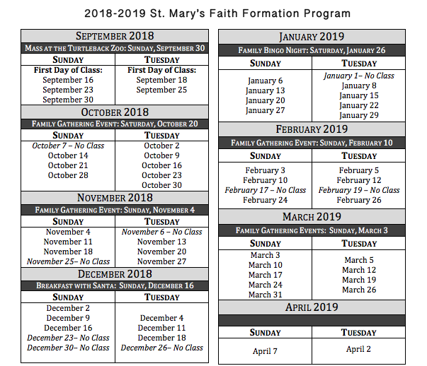 St. Mary's Faith Formation Program 201819 Faith Formation Calendar