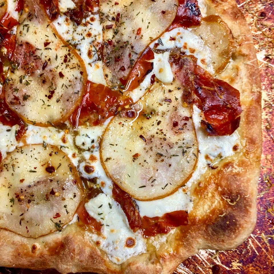 Haute + Heirloom Maple Roasted Pear Pizza with Pistachio Olive Oil