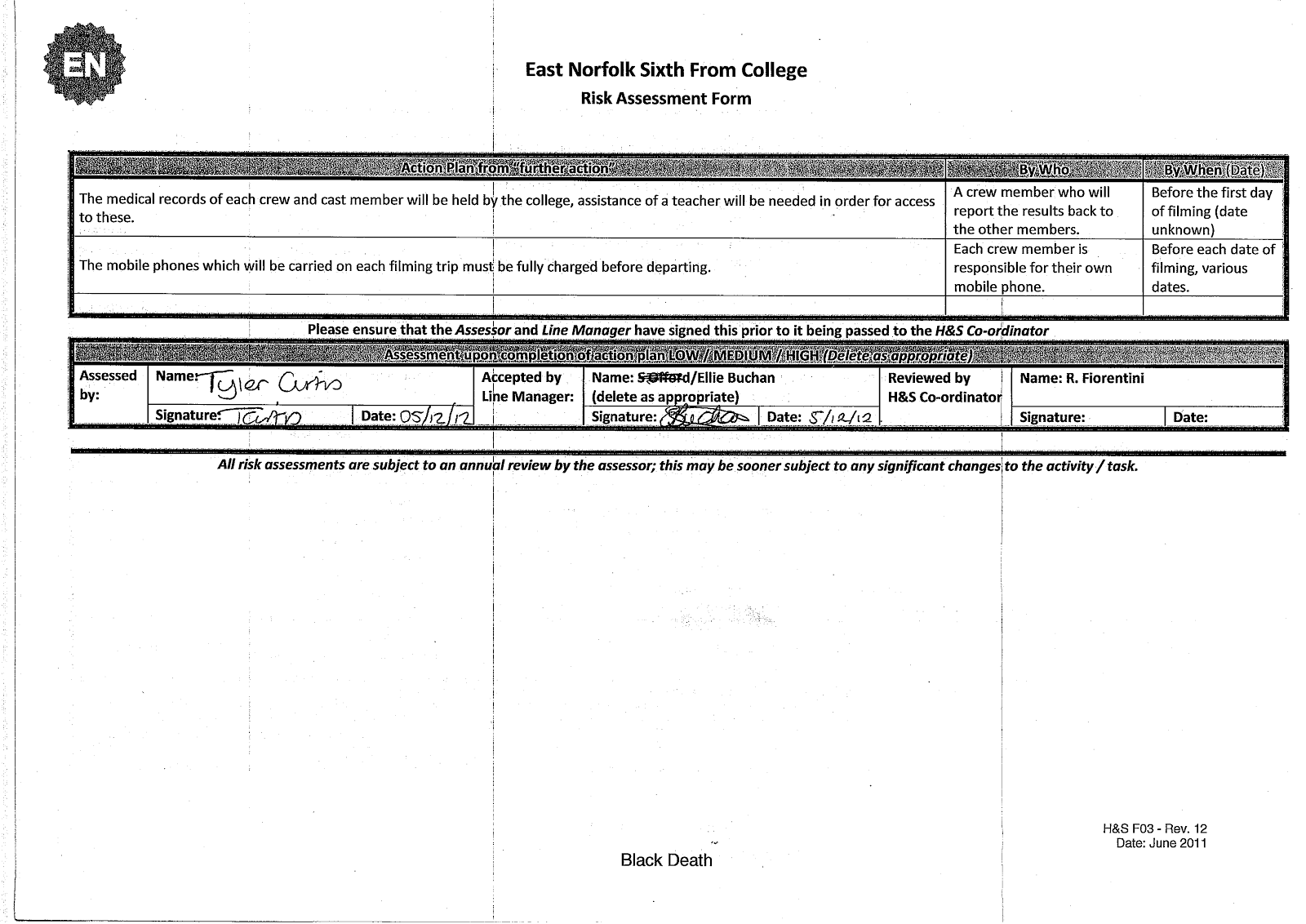 Jason Hewett A2 Media Blog 201213 Risk assessment for film shoot