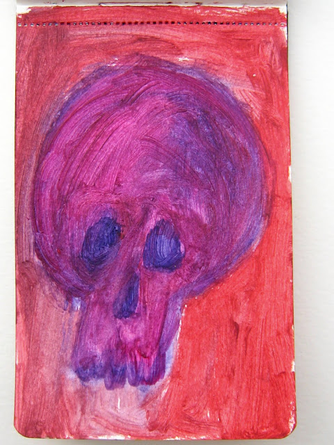 Pintura que muestra una calavera morada sobre fondo rojo, obra de EmeBeZeta