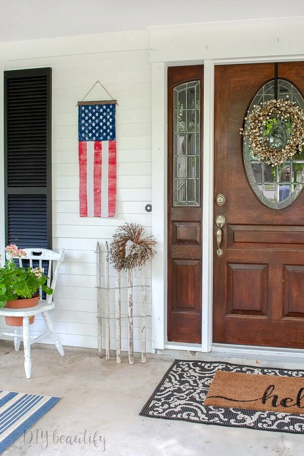 front porch with DIY flag banner