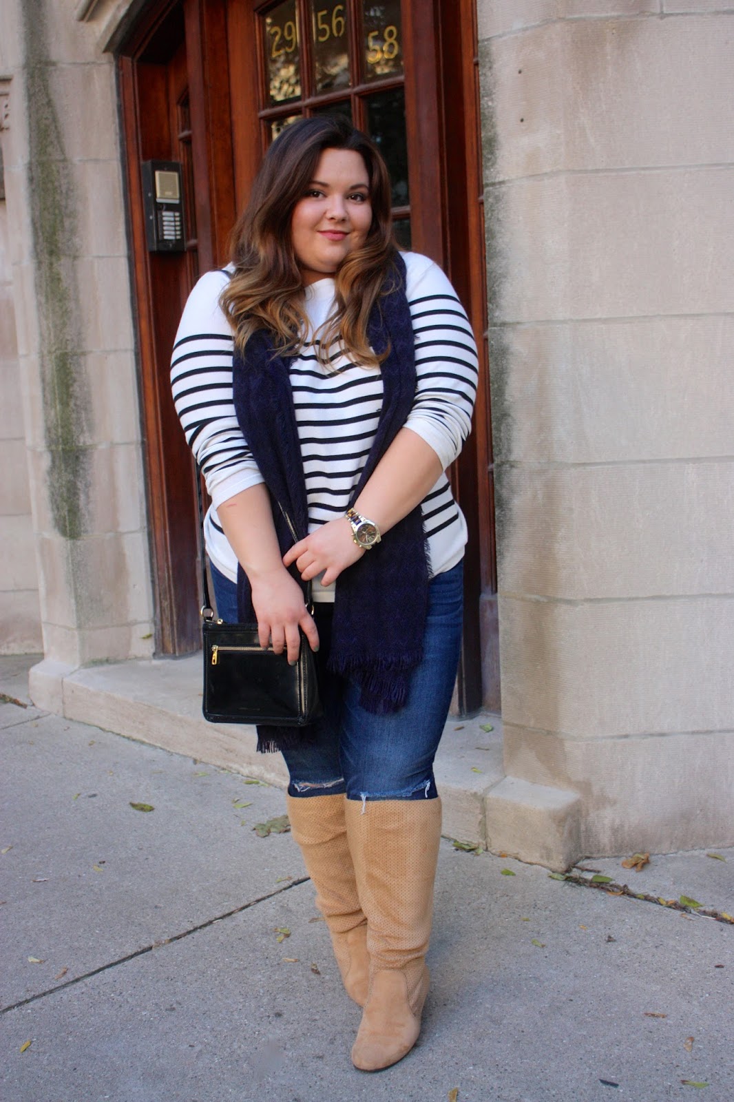 how to cut holes in jeans, cut holes in the knees, CAN CURVY GIRLS WEAR HORIZONTAL STRIPES, plus size, horizontal stripes, how to wear stripes, plus size fashion blogger, fashion blogger, natalie craig, natalie in the city, chicago, wide calf boots, striped sweaters, fall fashion, how to wear a scarf