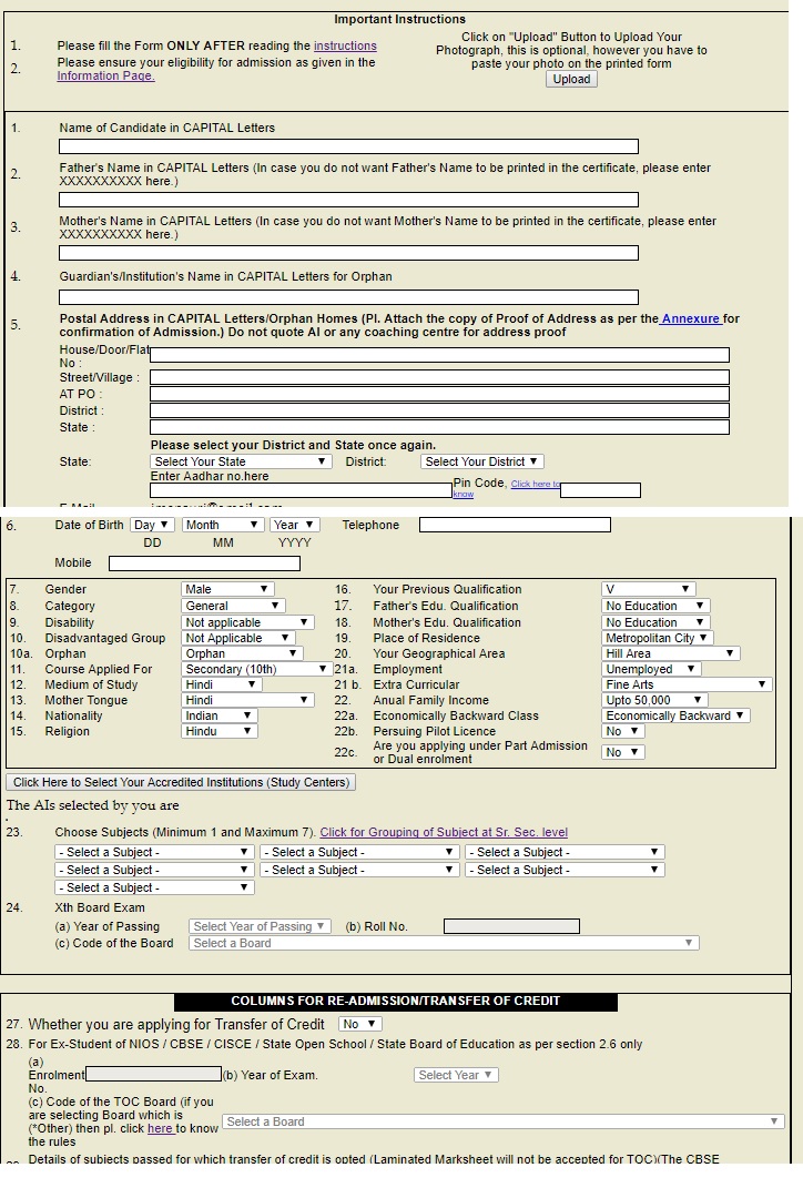 NIOS National Open Form Syllabus Fee NIOS National Institute of