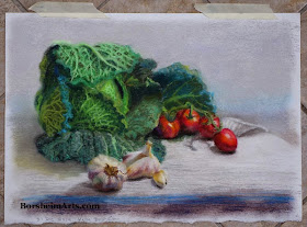 Still Life Kale Tomato Garlic pastel art drawing painting