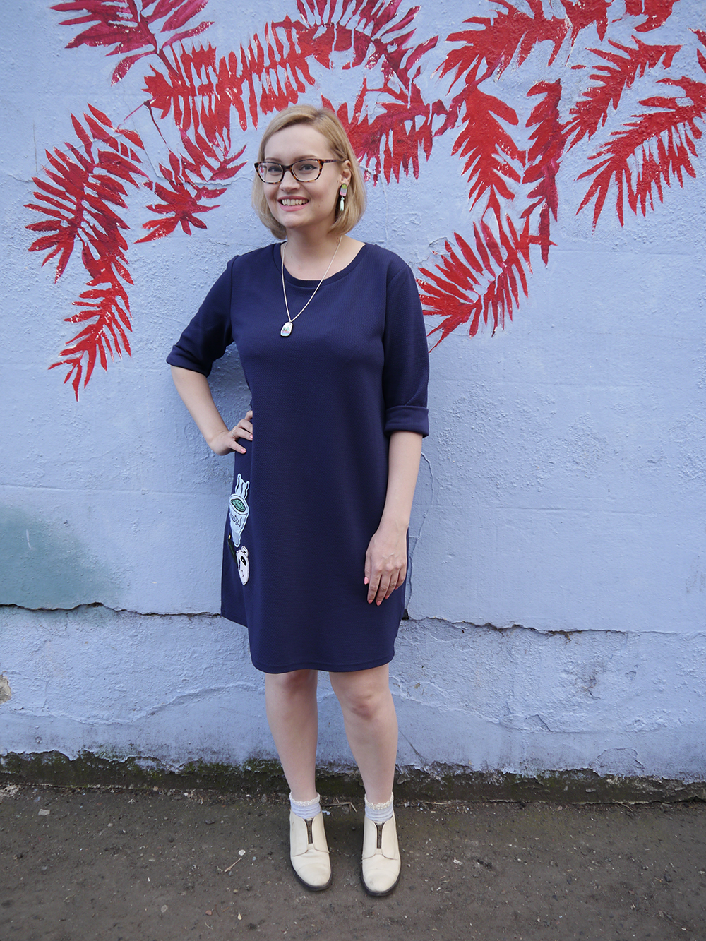 scottish style blogger kimberley from wardrobeconversations wears a customised monki dress blue outfit, oversized slouchy dress, monki dress, cactus jewellery, modern fashion silhouette, uk style blogger, wardrobe conversations, sew on patch, the whitepepper,