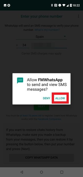 Allow YoWhatsApp to send and view SMS messages? 