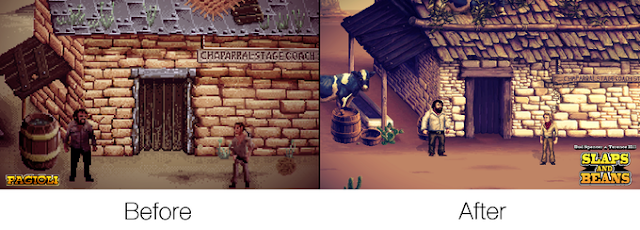 Bud Spencer & Terence Hill - Slaps and Beans - a before/after comparison picture showing how the game looked back when it was called "Schiaffi & Fagioli".