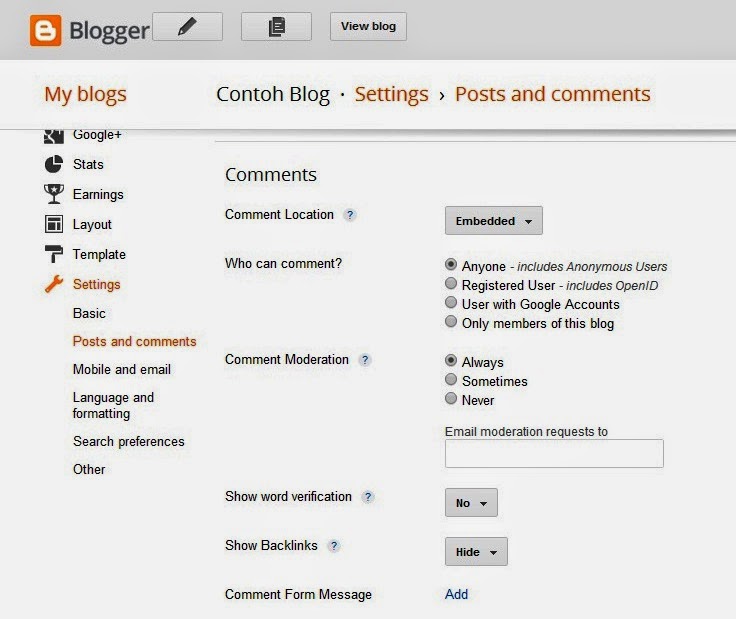 setting post komentar share blogger