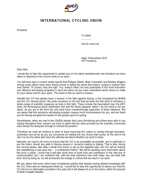 UCI letter: New anti-doping hotline
