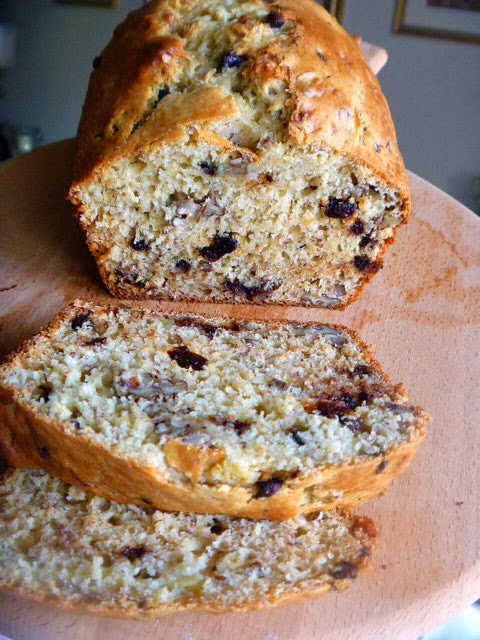 Chocolate Cherry Banana Bread :  Moist banana bread loaded with mini chocolate chips and dried cherries!  Yum!  Slice of Southern