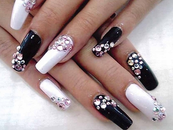 Contrasting White and Black Nail Art Accented with Stones