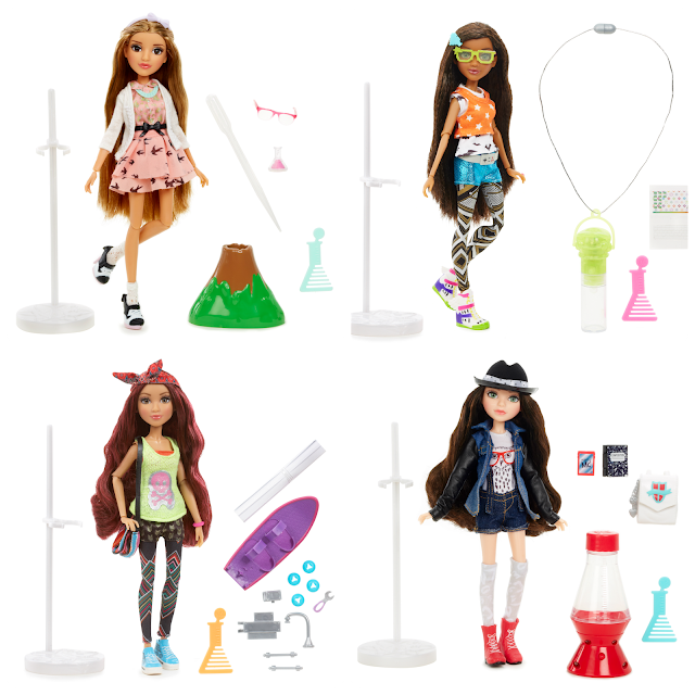 A collage of the 4 Mc2 dolls along with their experiments