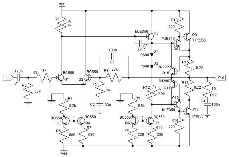 Schematic & Wiring Diagram: 30W Class AB Amplifier Circuit With TIP3055 ...