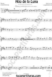 Tono Original Hijo de la Luna Partitura de Flauta, Violín, Oboe e instrumentos afinados en Do y clave de Sol en 2º línea  (partitura fácil arriba)