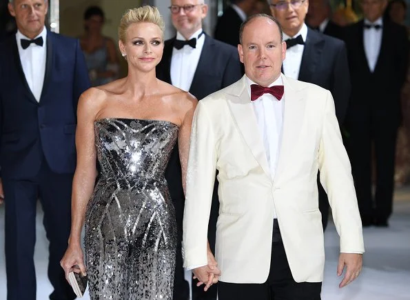 Princess Charlene wore Strapless Silver Sequin Long Gown at Monaco Red Cross Ball Gala in Monte-Carlo