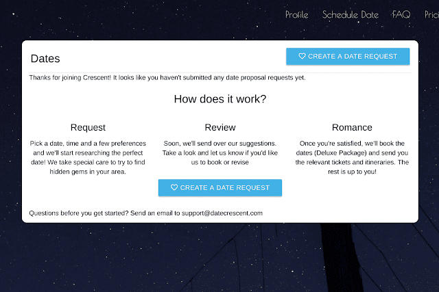 How to get out of your Boring Dating Rut with Date Crescent One of the biggest hindrances that gets in the way of regular date nights is the creativity and planning. Often we're discouraged because we don't want to do yet another dinner and a movie. Now there is a concierge service that does all the research and planning for you! Introducing Date Crescent!