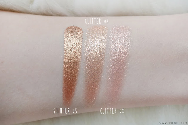 Innisfree Mineral Single Shadows Review and Swatches - Shimmer 05, Glitter 04, Glitter 08