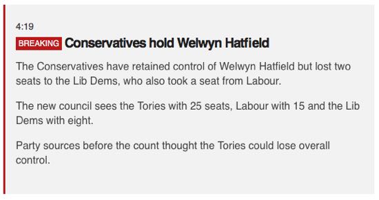 Screen grab of the Welwyn Hatfield local election result May 2018 from BBC News Online