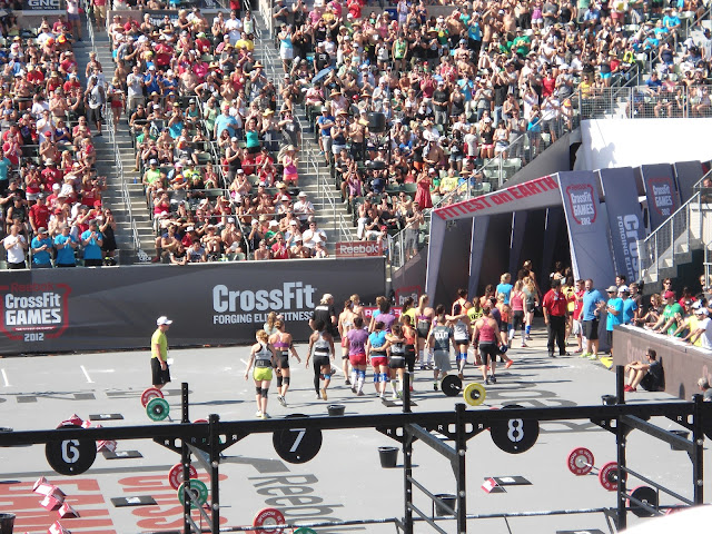 Image of competitors heading off of the competition platform at the 2012 CrossFit Games