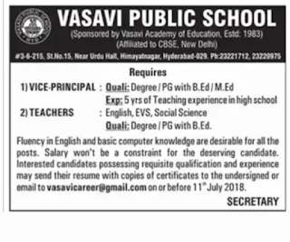 teachers principal vice faculty vasavi hyderabad wanted deccan notification chronicle dated opportunities newspaper notice 5th career teaching jobs job july