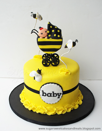 Bumble bee themed baby shower cake, Yellow and Black, 3D Cake topper.