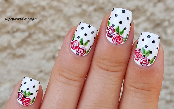 Life World Women: White Based Polka Dot Nail Art With Roses Using White Based Polka Dot Nail Art With Roses Using Toothpick - Life World Women: White Based Polka Dot Nail Art With Roses Using
