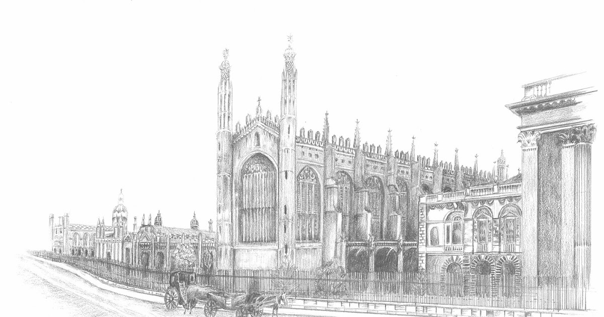 Finely Detailed Pencil Sketch Art King’s College Chapel, Cambridge, UK