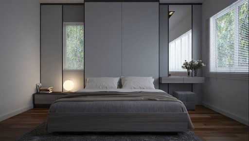Minimalistische-kleine-schlafzimmer-grau-modern-Design-mit-Spiegel-neben-dem-Bett-1024x582