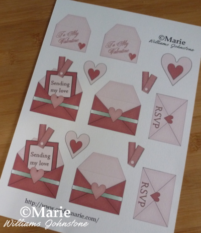 Sheet to print with free heart and Valentine card designs