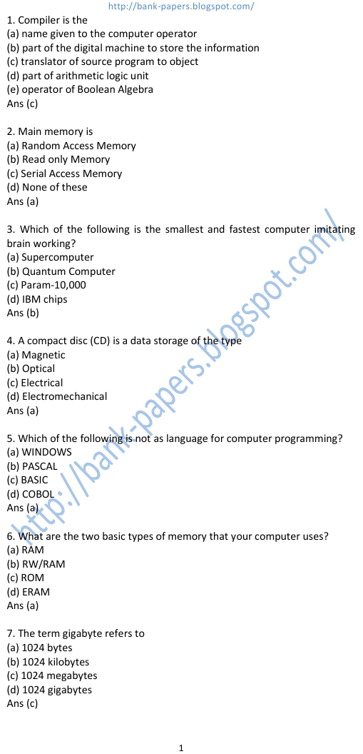 computer questions for bank exams