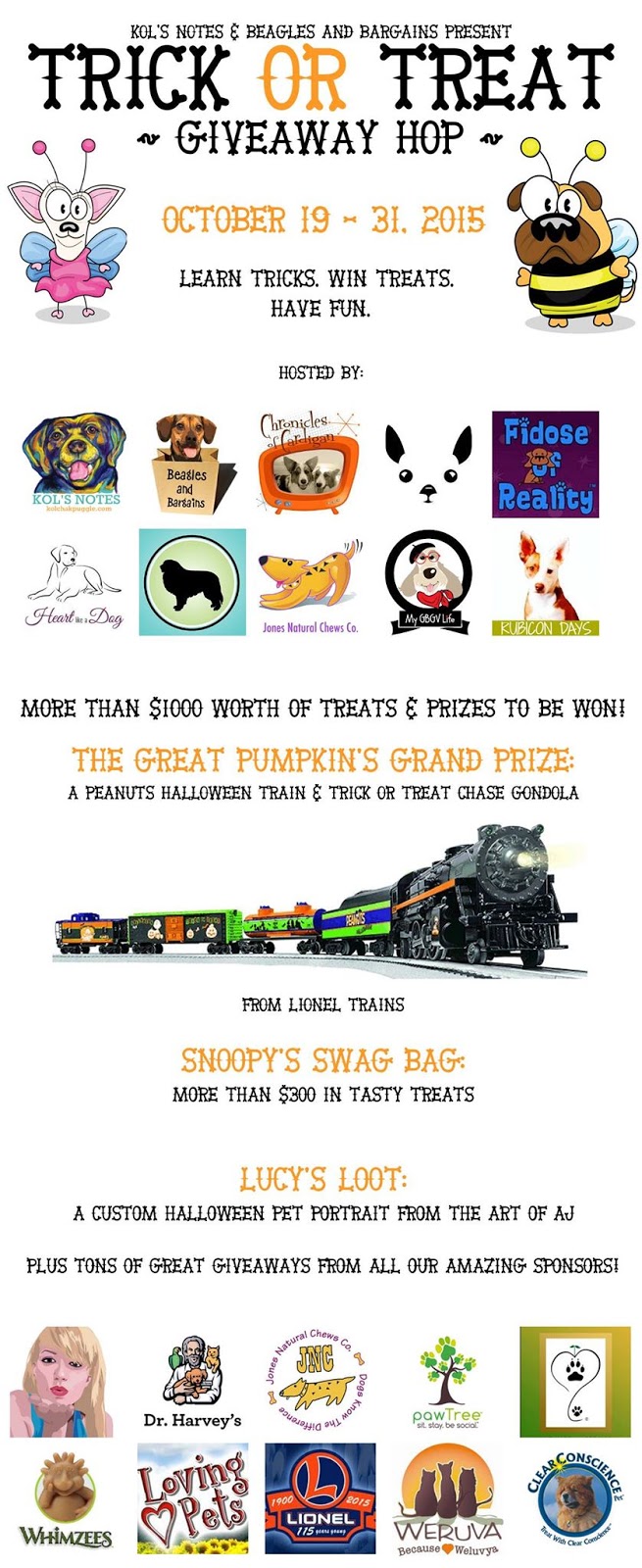 Trick or Treat Giveaway Hop dog cartoon graphic in poster size, including logos of all blogs and brands participating