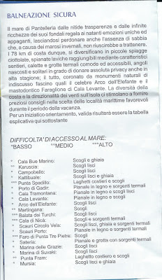 Balneazione sicura or "safe swimming" spots on Pantelleria. Note how many are either scogli "rocks" or pianale "platform".