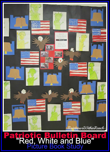 photo of: Bulletin Board of Patriotic Images for Author Illustrator School Visit with Debbie Clemen