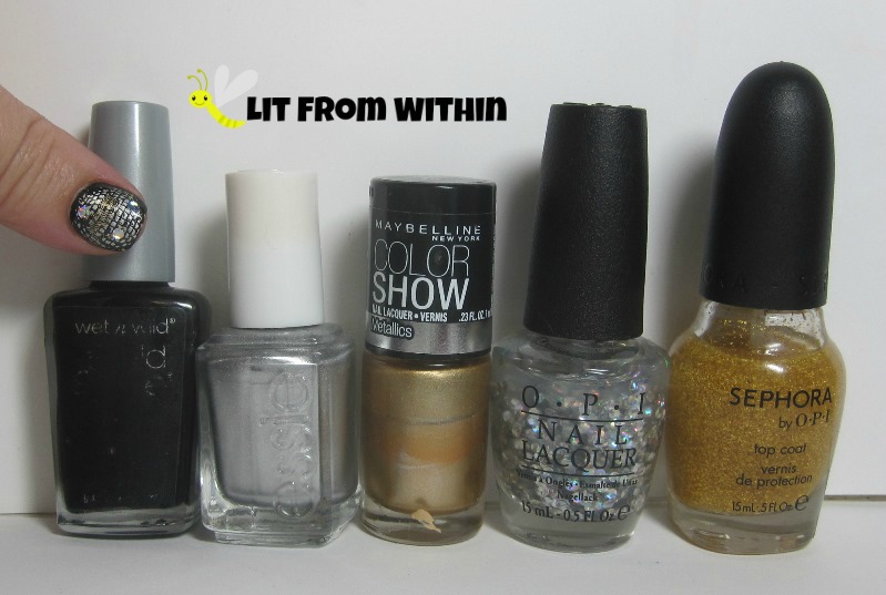 Bottle shot:  Wet 'n Wild Black Creme, Essie No Place Like Chrome, Maybelline Bold Gold,  OPI I Snow You Love Me, and Sephora by OPI 18k gold topcoat.