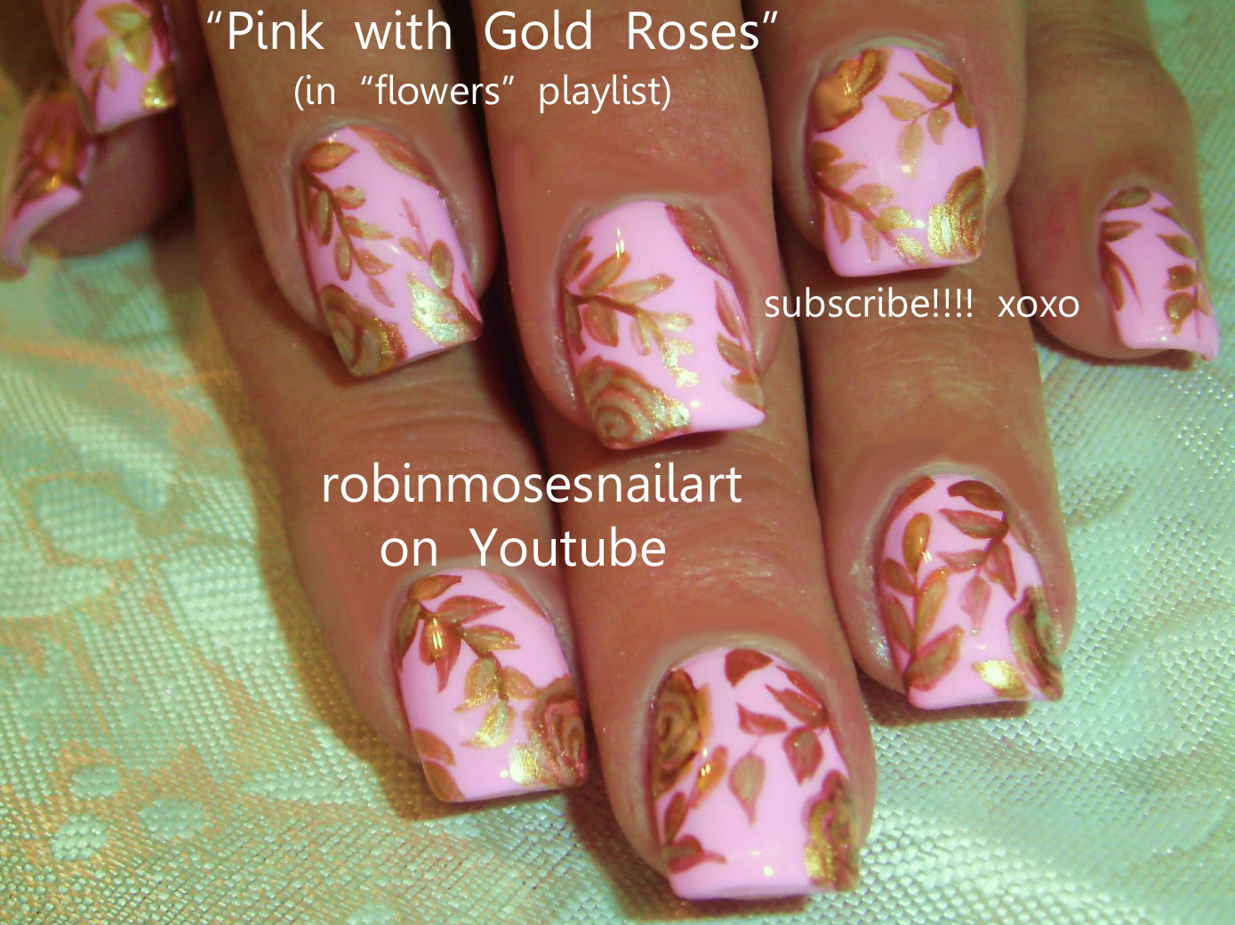 pink with gold stripe nail design
