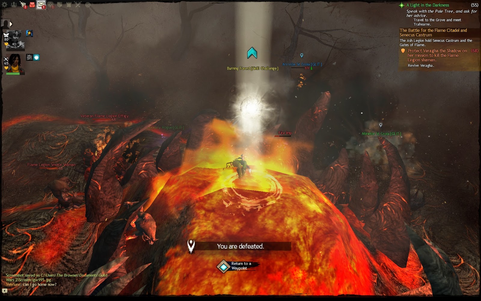 A screenshot of a character dead in what appears to be lava. Only their boots are visible. Guild Wars 2, ArenaNet, NCSOFT, 2012.