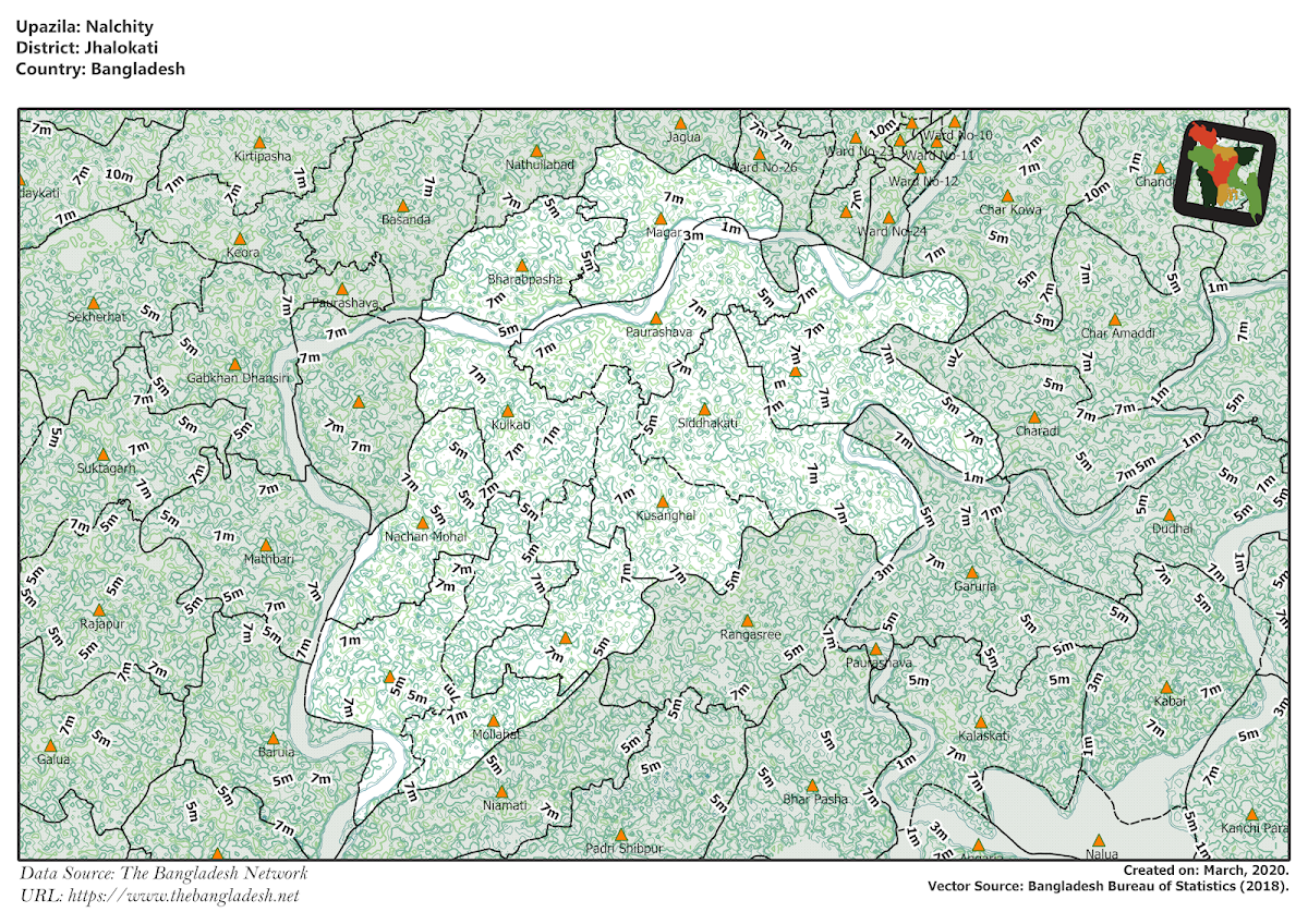 Nalchity Upazila Elevation Map Jhalokati District Bangladesh