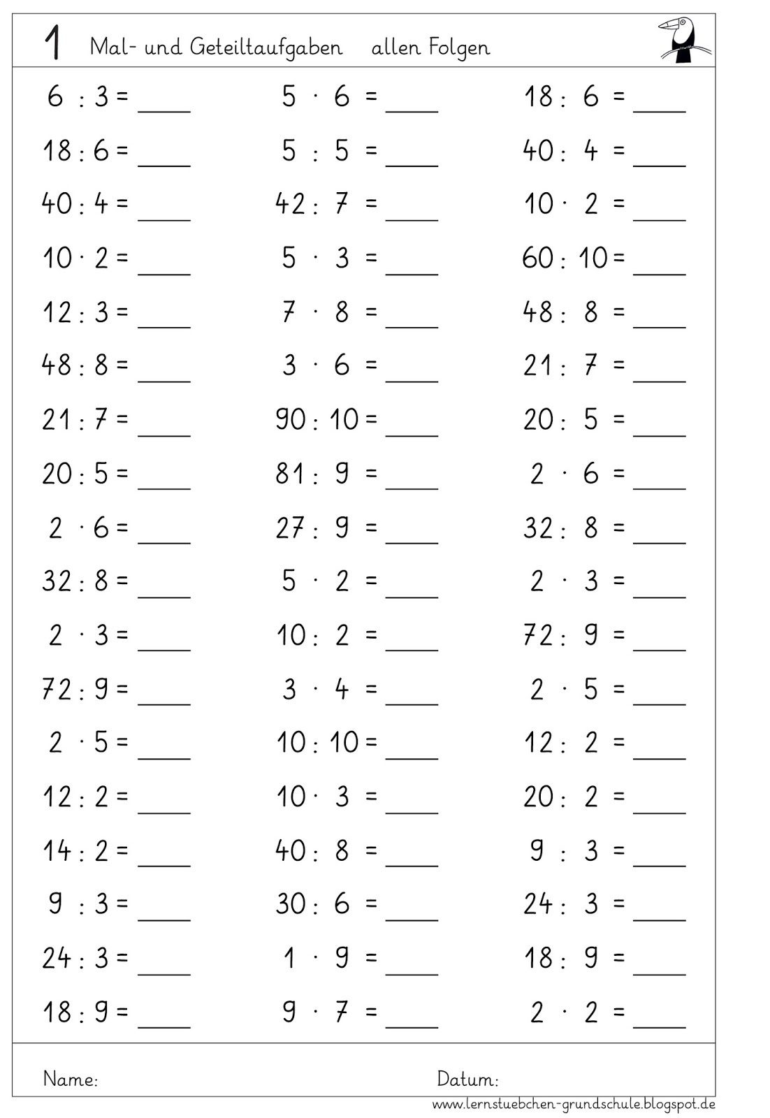 Lernstübchen: Kopfrechenblätter zum Einmaleins (multiplizieren und