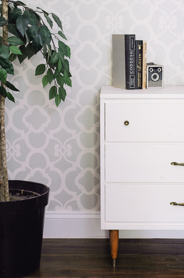 A boring office gets a minor facelift with a beautiful stenciled wall. - www.littlehouseoffour.com