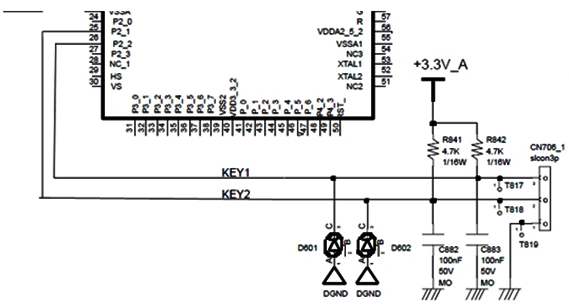 Hình 13 - Chân 26 và 27 của CPU kết nối đến các phím bấm 