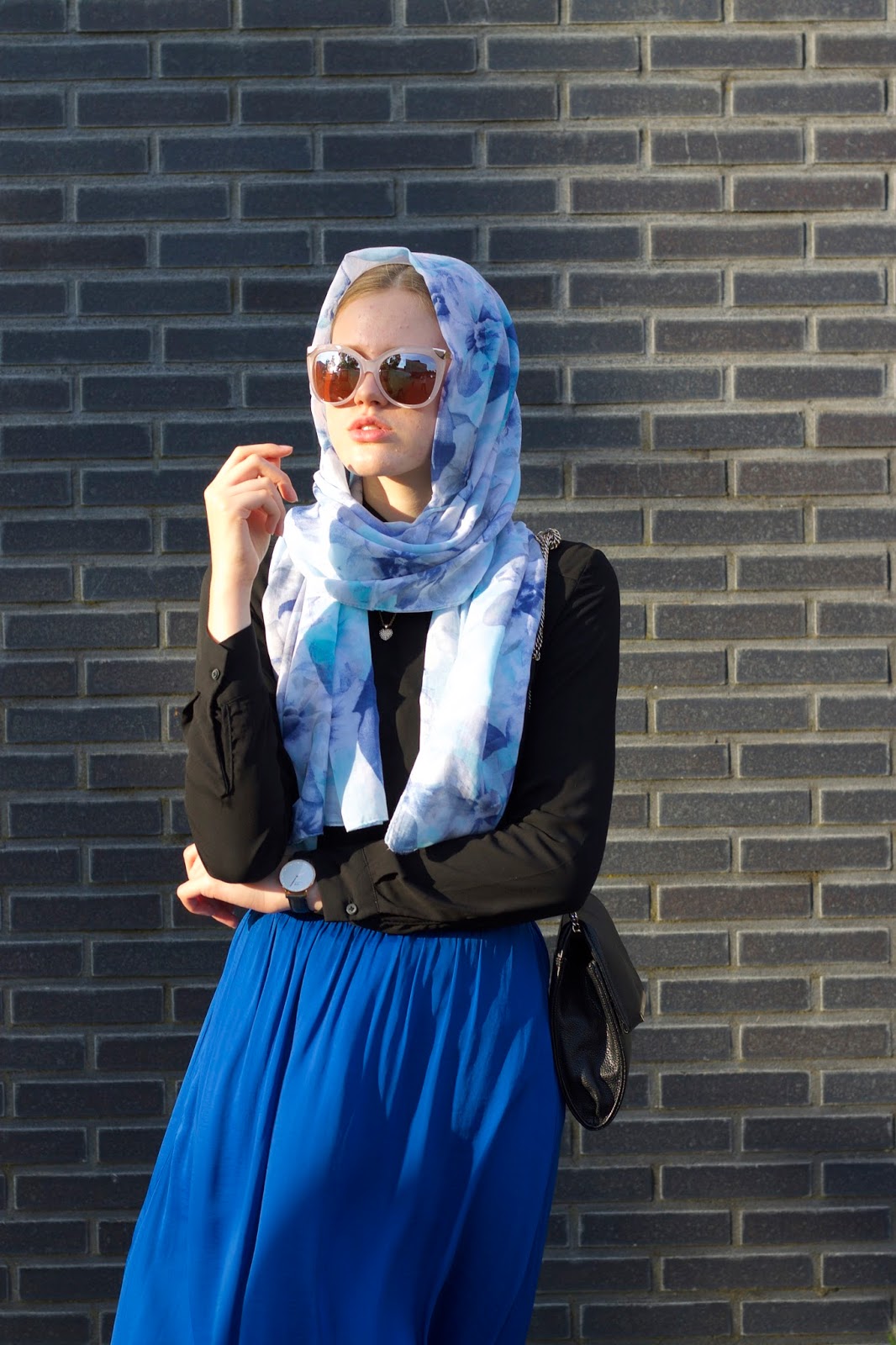 Floral Hijab and blue maxi skirt