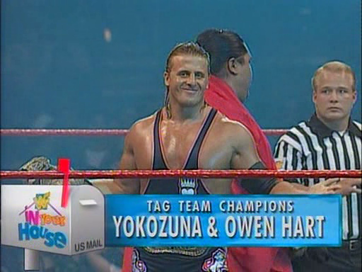 WWF / WWE - In Your House 1 - Owen Hart teamed with Yokozuna to successfully defend the WWF Tag Team titles against the Smoking Gunns