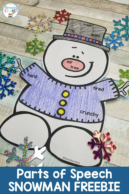 This winter snowman activity is perfect to review parts of speech!  This printable will look great lining lockers or on a bulletin board display!  Elementary students will have fun with the coloring practice and will thank-you for the worksheet alternative.  These printables are differentiated to fit your needs, simply print the skill you need - nouns, verbs, adjectives, or a combination of all three! {1st grade, 2nd grade, 3rd grade} #partsofspeech #elementaryisland #winteractivityforkids