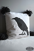 Halloween Crow Stenciled Pillow with Giant Pom-Poms - One Mile Home Style