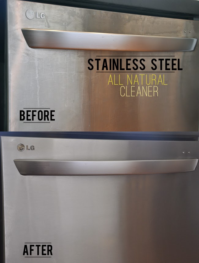 Image of before and after showing a streak free finish with a natural cleaner on stainless steel appliances.
