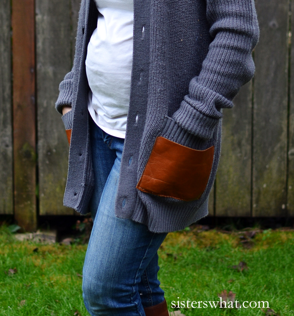 a refashioned men's sweater with leather pockets