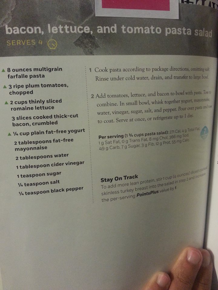 Shannon's Lightening the Load Weight Watchers Bacon, Lettuce and Tomato Pasta Salad (Weight