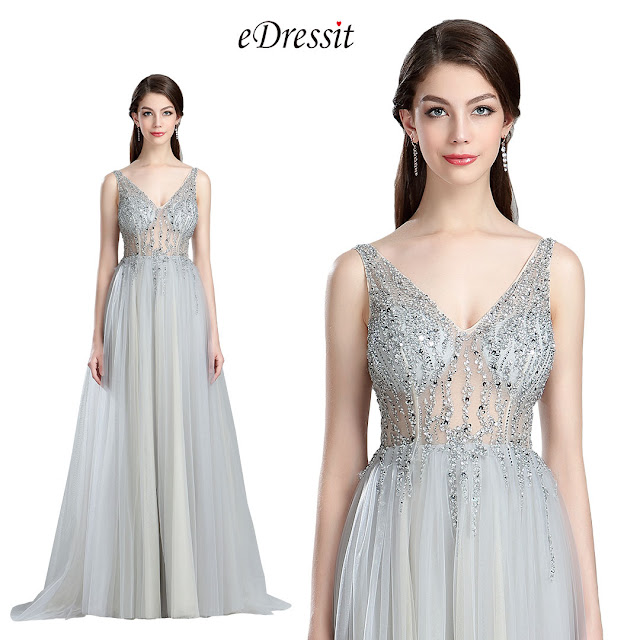 Sparkly V Cut Beaded Evening Dresses for Women 