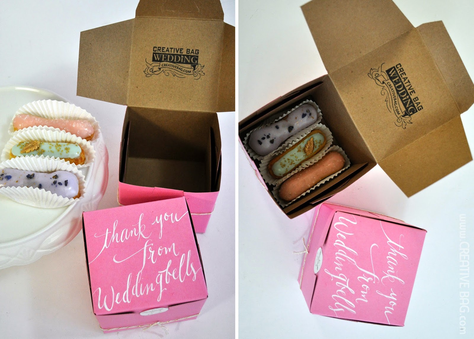 eclair favors - bakery boxes with beautiful calligraphy | creativebag.com