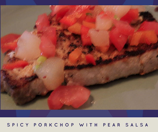 A spicy porkchop served with a salsa made with the crazy ingredient challenge - red pepper flakes and pears.